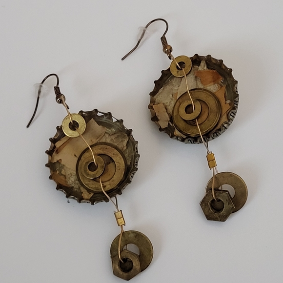 Mixed Metal Upcycled Hand Crafted Sol Cerveza Beer Bottle Cap Pierced Earrings - Picture 10 of 16